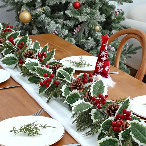 Cedar Christmas Garland 13FT - 2 Pack Artificial Holly Pine Cones & Berry Decor