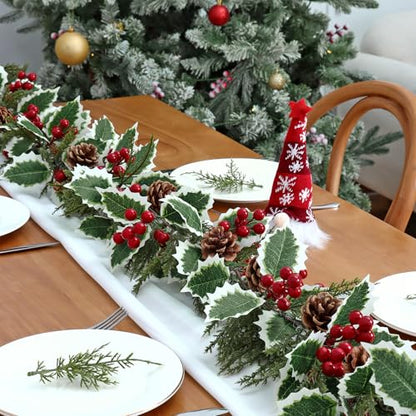 Cedar Christmas Garland 13FT - 2 Pack Artificial Holly Pine Cones & Berry Decor