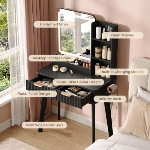 Vabches Black Small Makeup Vanity Desk with Mirror, Lights & USB-C Charger