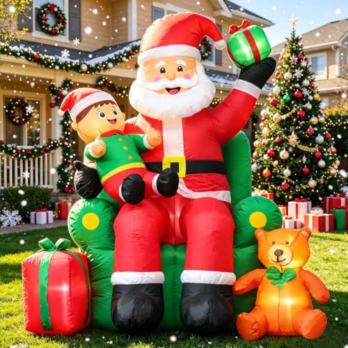 DomKom 6FT Large Horizontal Christmas Inflatable Santa on Throne with Lights