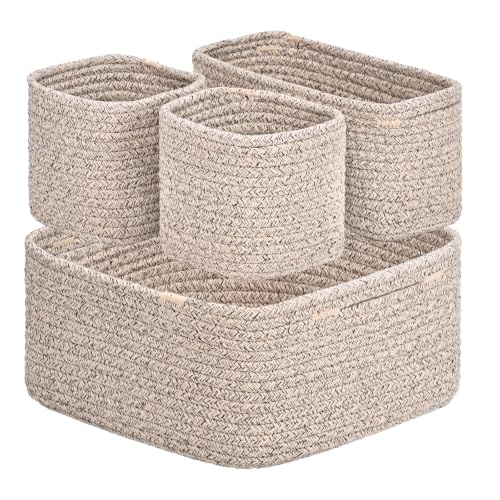Natural Cotton Rope Storage Baskets Set of 4 Small Home Organization Bin