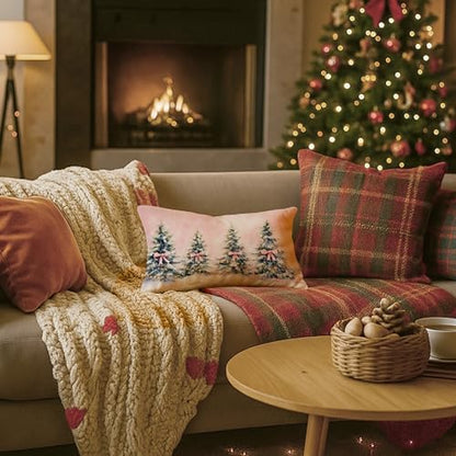 Christmas Tree Coquette Pink Bow Lumbar Pillow Cover 12x20 Pack of 1 - Girly Holiday Decor