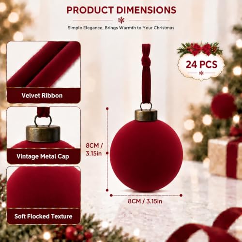 3.15 Inch Velvet Christmas Balls Bulk Set - Red Holiday Tree Ornaments