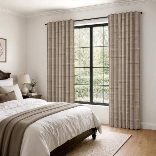Brown Plaid Gingham Curtains 2 Panels 52W x 84L - Farmhouse Window Drapes, Light Filtering