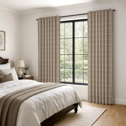 Brown Plaid Gingham Curtains 2 Panels 52W x 84L - Farmhouse Window Drapes, Light Filtering