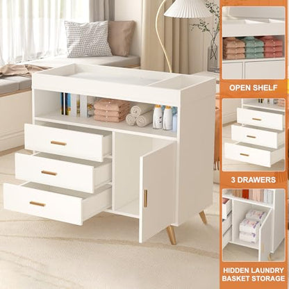 Baby Changing Table with Drawers and Open Shelf - Nursery Storage