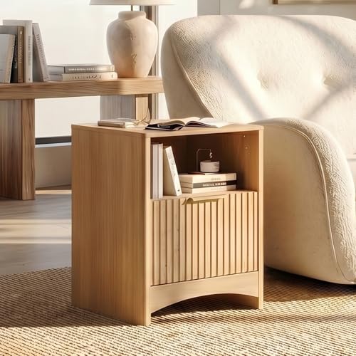 Marsail Natural Oak 2-Pack Fluted Nightstands with Drawers, Built-in Charging Station