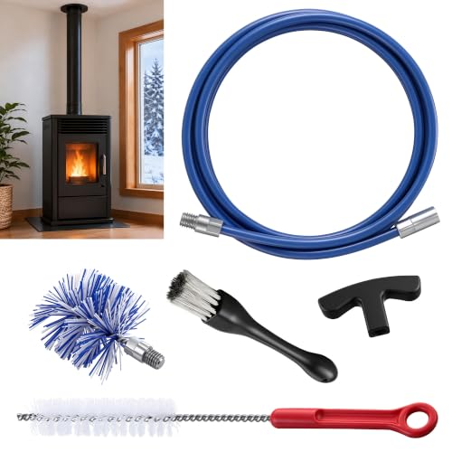 Pellet Stove Cleaning Brush Kit with 10 Ft Flexible Steel Rod & Blue 3-Inch Brush Head