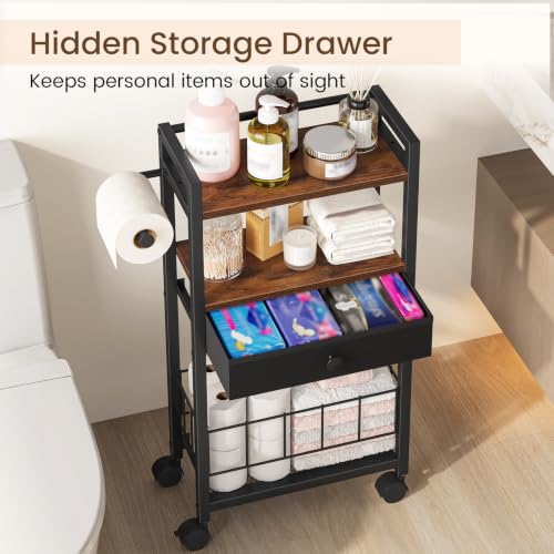 Freestanding Toilet Paper Holder with Storage Drawer & Shelves - Rustic Brown
