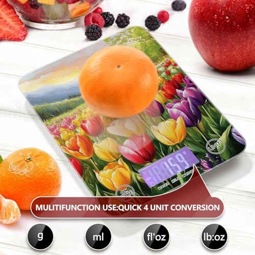QwThum Food Scale Kitchen Digital Scale Food Ounces and Grams Dieting Baking Cooking Waterproof Glass Panels LCD Display,4 Units Scale Tare Function Cartoon Tulips