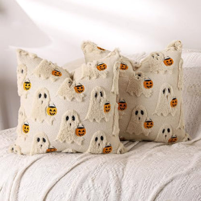 Beige Ghost Halloween Pillow Covers 18x18 Set of 2 - Cute Ghost Decor