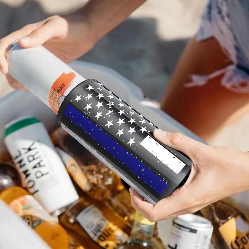 TILUCK Slim Can Cooler - Double-Walled Stainless Steel Insulator for 12 oz Cans | Black U.S. Flag