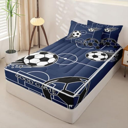 Soccer Comforter Set with Zippered Bed Cover, Fitted Sheet & Pillowcases - Navy Blue, Black & White, Full Size