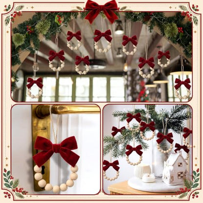 12 Pcs Rustic Wood Bead Wreath Christmas Ornaments with Velvet Bow