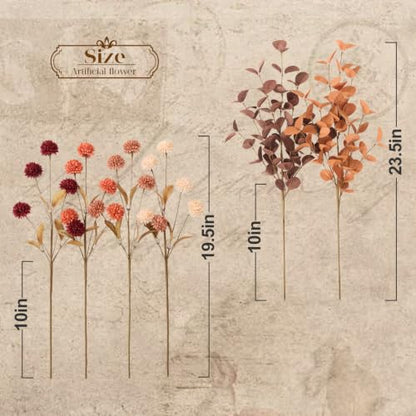 Fall Flowers Artificial Bouquet - 10 Pcs Fall Mums & Eucalyptus Stems - Autumn Home Decor