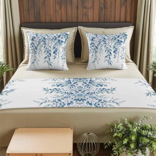 83 x 20 Inch Blue Eucalyptus Bed Runner Set with 2 Pillow Covers - Queen Size