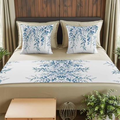 83 x 20 Inch Blue Eucalyptus Bed Runner Set with 2 Pillow Covers - Queen Size
