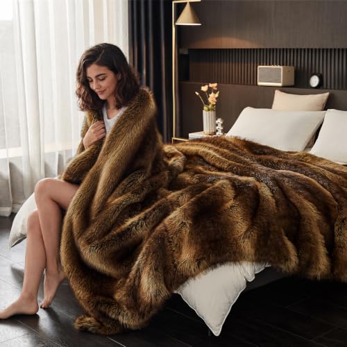 Faux Fur Throw Blanket 60x80 Brown Plush Warm Cozy Bed Couch Decor