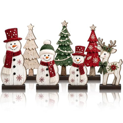7 Pcs Christmas Wooden Snowman Tree Reindeer Table Decor Set - Red & Green