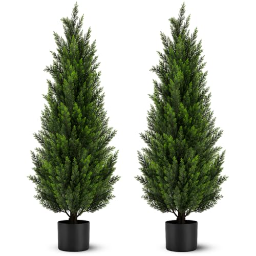 4FT Artificial Cedar Tree with Black Round Planter - UV Resistant Faux Evergreen for Indoor Outdoor
