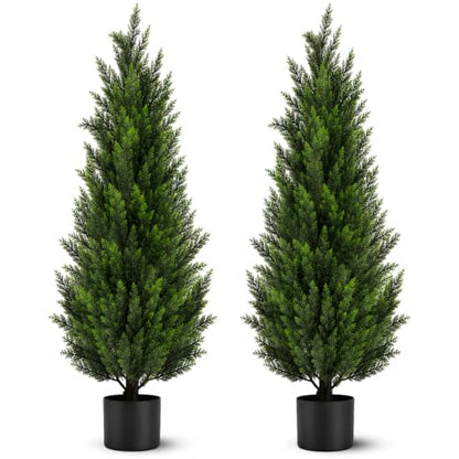 4FT Artificial Cedar Tree with Black Round Planter - UV Resistant Faux Evergreen for Indoor Outdoor