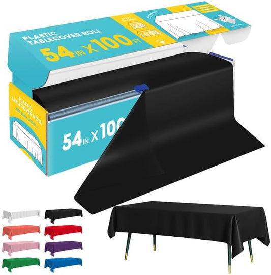 Niuara Table Cover Roll - Black Disposable Plastic Tablecloth | 54" x 100' for Events & Parties
