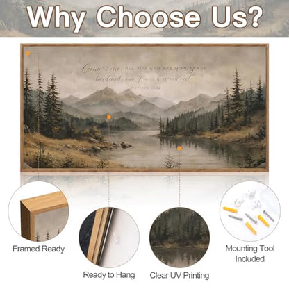 Mountain Lake Forest Wall Art - Matthew 11:28 Come to Me - 40x20 Inch Framed Nature Decor
