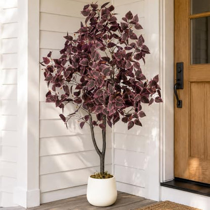 4ft Fall Artificial Tree with Plum Purple Heart-Shaped Leaves and Pot - Porch Decor, Variation of Plum Cimicifuga / 3.9ft