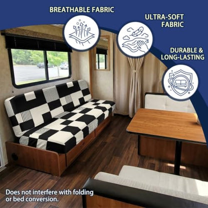 Checkered RV Jackknife Couch Cover Set Black White for Sofa Bed