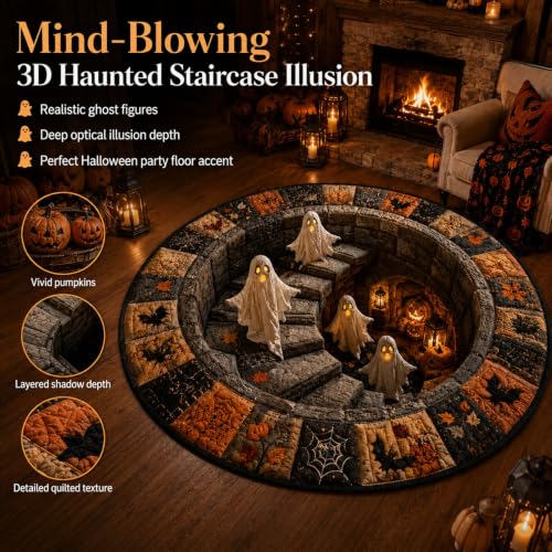 Halloween 3D Optical Illusion Haunted Staircase Round Rug with Ghost Skeleton Pumpkin, 47.2x47.2in - Variation A