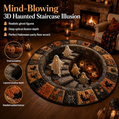 Halloween 3D Optical Illusion Haunted Staircase Round Rug with Ghost Skeleton Pumpkin, 47.2x47.2in - Variation A