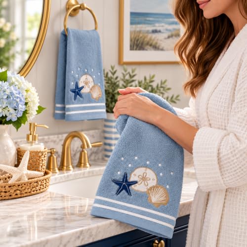 Gone Coastal Hand Towels for Bathroom - Light Blue Shells, Starfish & Sand Dollar - 2 Pack