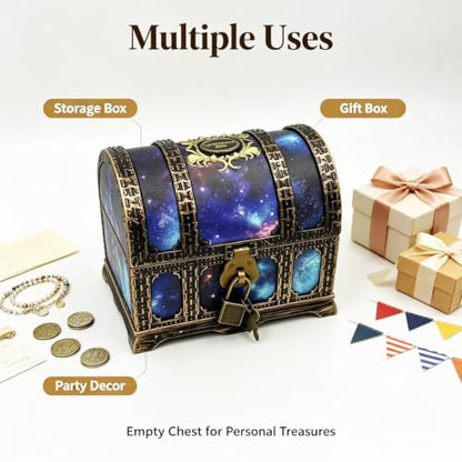 Starry Galaxy Treasure Chest with Lock and Key - Kids Pretend Play Storage Box, Classroom Prize Container