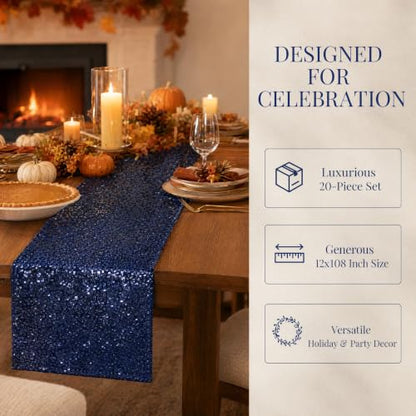 20-Pack Navy Blue Sequin Table Runners 12x108 Inches for Parties & Events