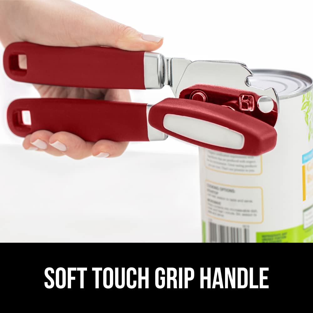 The Original Gorilla Grip Heavy Duty Stainless Steel Smooth Edge Manual Hand Held Can Opener With Soft Touch Handle, Rust Proof Oversized Handheld Easy Turn Knob, Large Lid Openers, Red