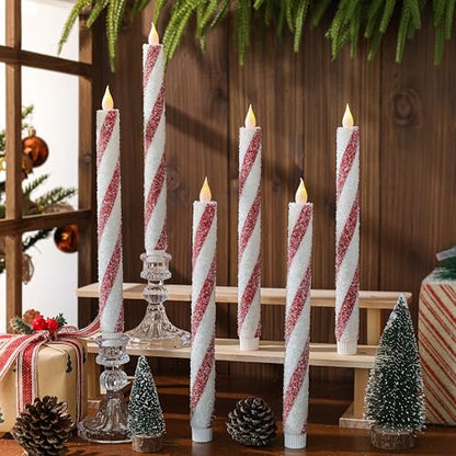 Christmas Flickering Flameless Candy Cane Taper Candles - 6PCS Red & White Stripes, Real Wax, Battery Operated - Variation: Candy Cane-02