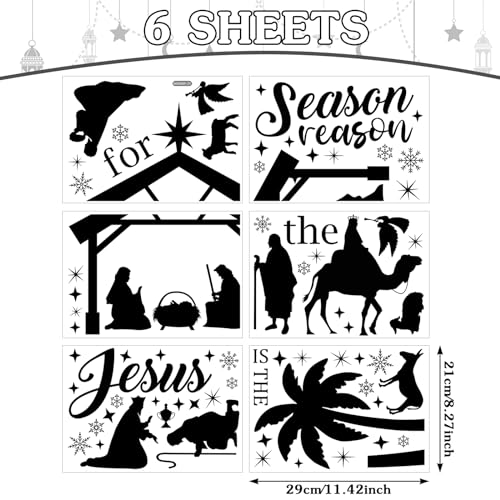 Christmas Nativity Scene Wall Decals - Jesus Variation, 6 Sheets, Black