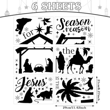 Christmas Nativity Scene Wall Decals - Jesus Variation, 6 Sheets, Black