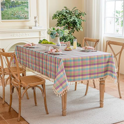 Easter Purple Buffalo Plaid Tablecloth with Tassels - 55x90 Inches, Cotton Linen Blend, Washable, Wrinkle-Free, Spring & Summer Dining Decor
