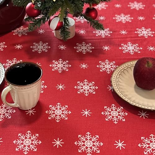 Red Snowflake Tablecloth 60x108 Inches - Holiday Spillproof Cotton Linen Cover for Christmas & Winter Parties - Variation: Red Dne / 108"x 60"