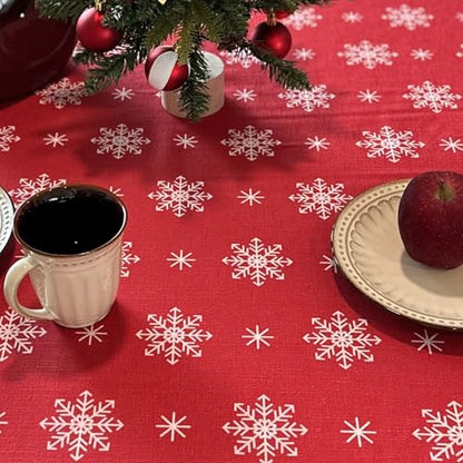 Red Snowflake Tablecloth 60x108 Inches - Holiday Spillproof Cotton Linen Cover for Christmas & Winter Parties - Variation: Red Dne / 108"x 60"