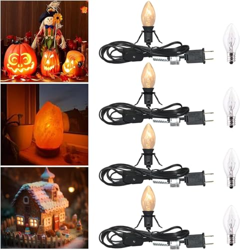4 Pack 6FT Candelabra Base Light Cord with Bulb Clips & Switch - Holiday Decor
