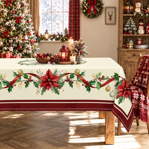 Christmas Poinsettia Rectangular Tablecloth 60x84 Inch Waterproof & Wrinkle-Resistant
