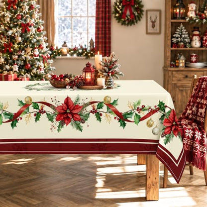 Christmas Poinsettia Rectangular Tablecloth 60x84 Inch Waterproof & Wrinkle-Resistant