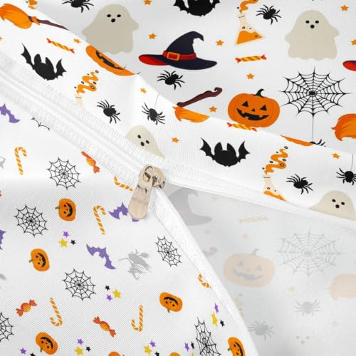 Halloween Pattern Duvet Cover Twin Size Pumpkin Ghost Print Comforter Cover for Kids - White Orange