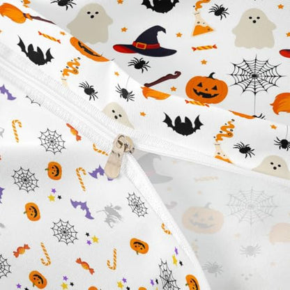 Halloween Pattern Duvet Cover Twin Size Pumpkin Ghost Print Comforter Cover for Kids - White Orange