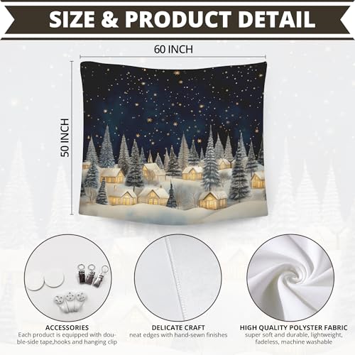 Vintage Christmas Winter Village Tapestry Wall Hanging - Rustic Snow Scene, 50x60 Inches - Winter Country Variation