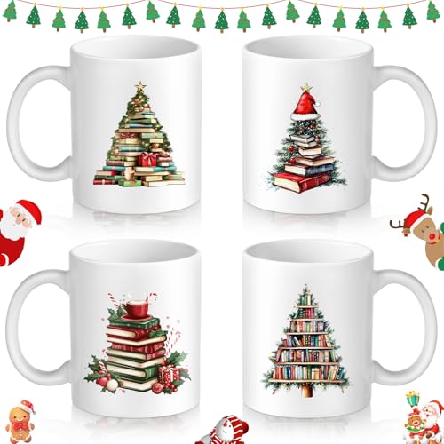 Book Lover Coffee Mug Set - 4 Pack Ceramic Bookworm Cups with Christmas Tree Design