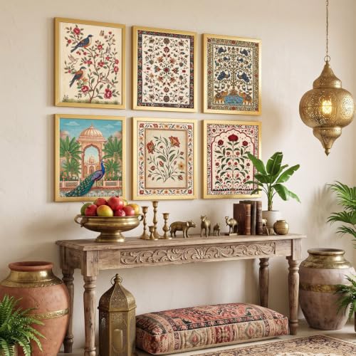 Scandinavian Vintage Floral Wall Art Set - Indian Floral Variation, 6 Pieces