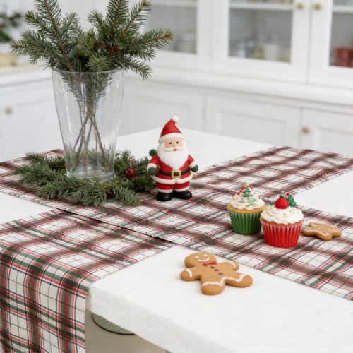 Christmas Plaid Table Runners Set of 2 72x13 Inches Scottish Tartan Holiday Decor White Red Green Variation